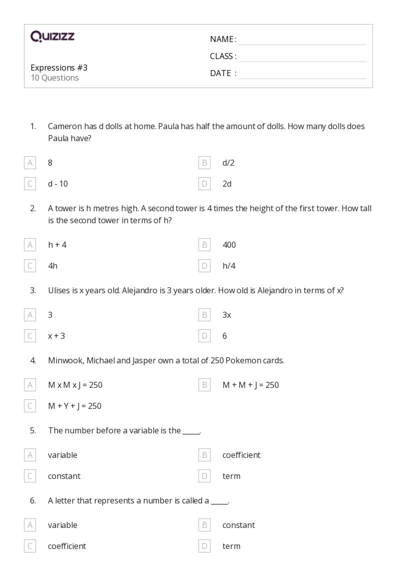 50+ Expressions worksheets for 7th Grade on Quizizz Free & Printable