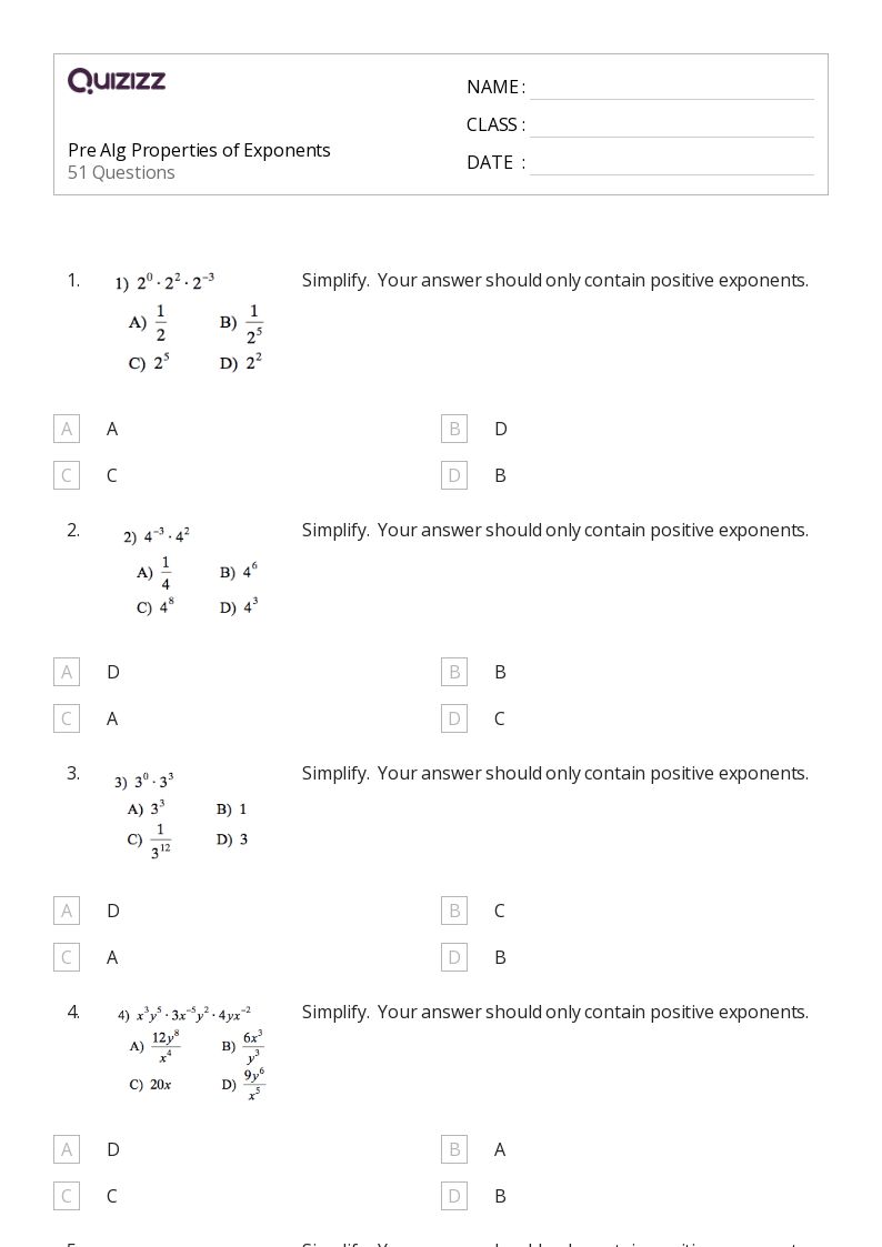 50+ Properties of Exponents worksheets for 6th Grade on Quizizz Free & Printable