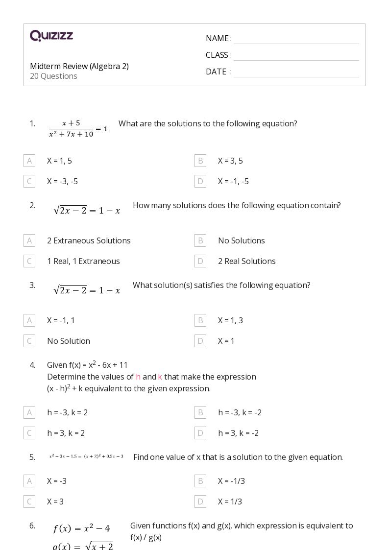 50+ Algebra 2 worksheets for 12th Grade on Quizizz Free & Printable