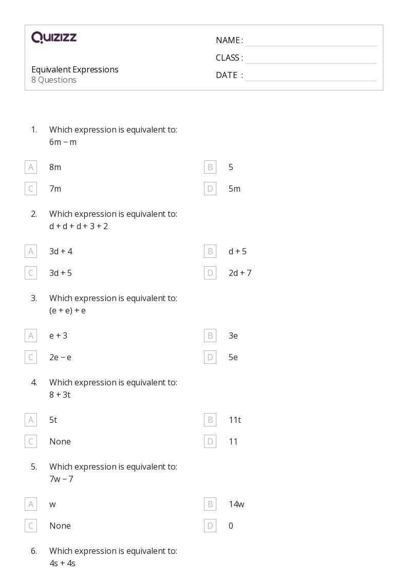 50+ Equivalent Expressions worksheets on Quizizz | Free & Printable