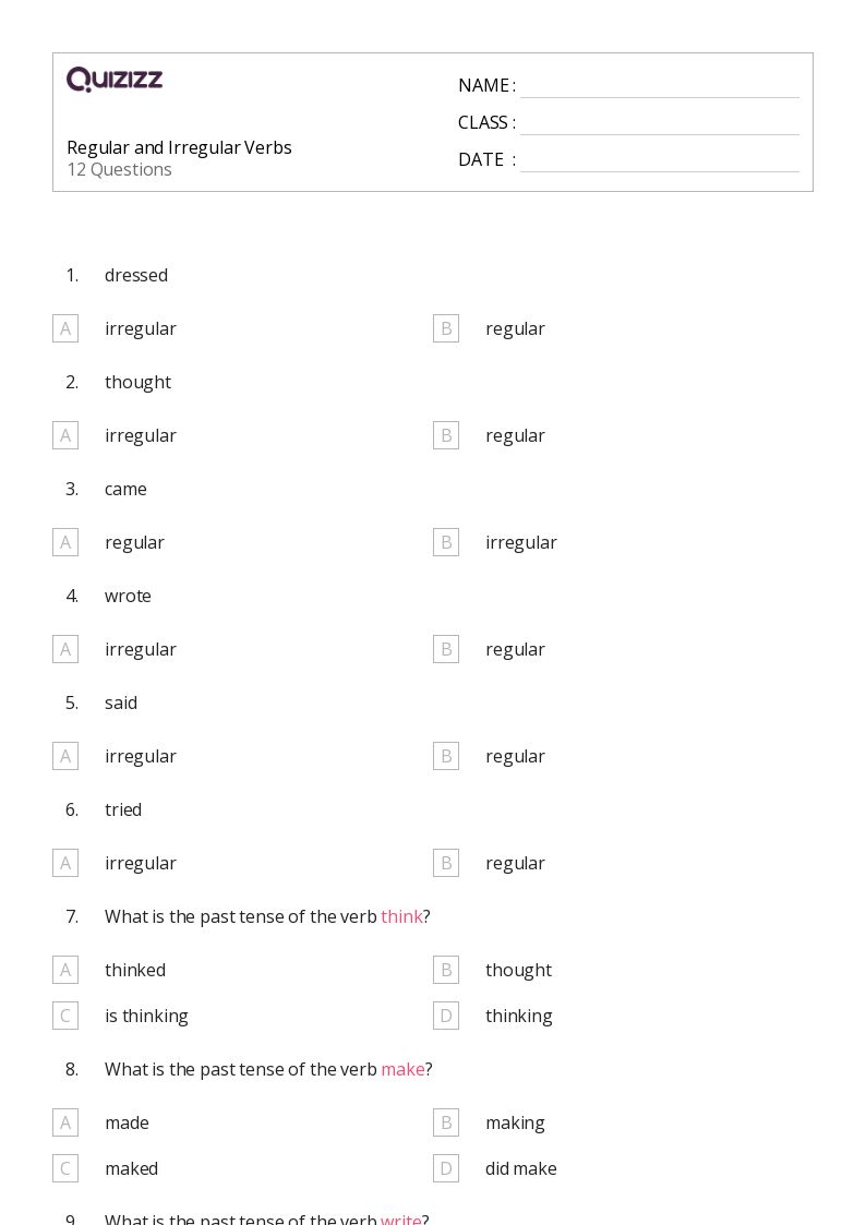 50+ Irregular Verbs worksheets for 5th Grade on Quizizz Free & Printable