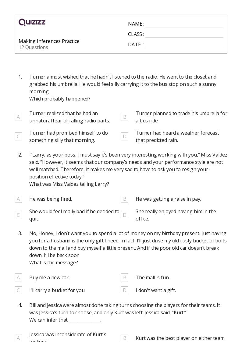 50+ Making Inferences and Drawing Conclusions worksheets for 9th Grade on Quizizz Free & Printable