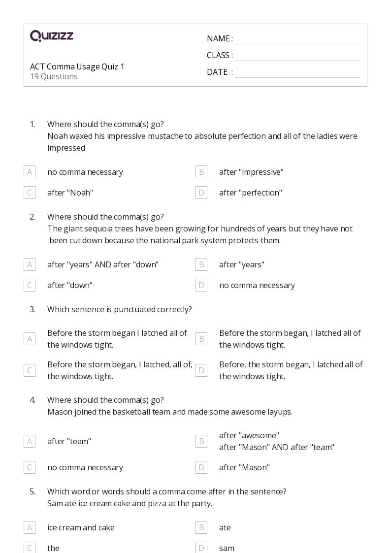 50+ Commas in a Series worksheets for Kindergarten on Quizizz | Free