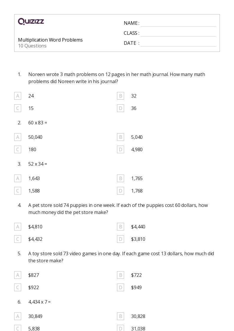50+ Multiplication Word Problems worksheets for 5th Grade on Quizizz Free & Printable