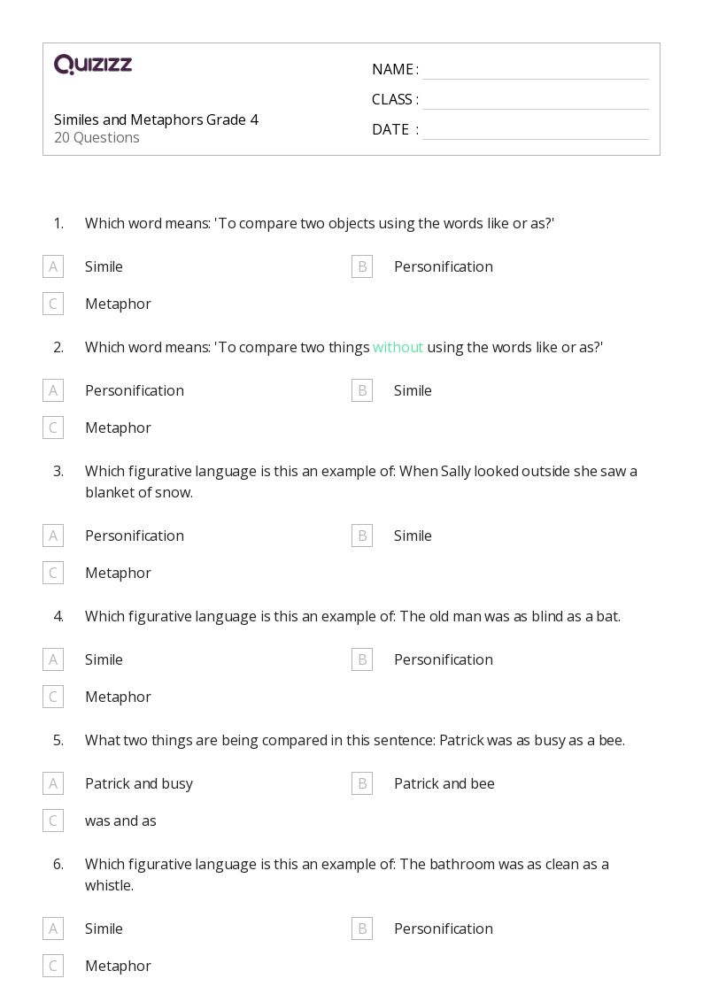50+ Similes worksheets for 5th Grade on Quizizz Free & Printable