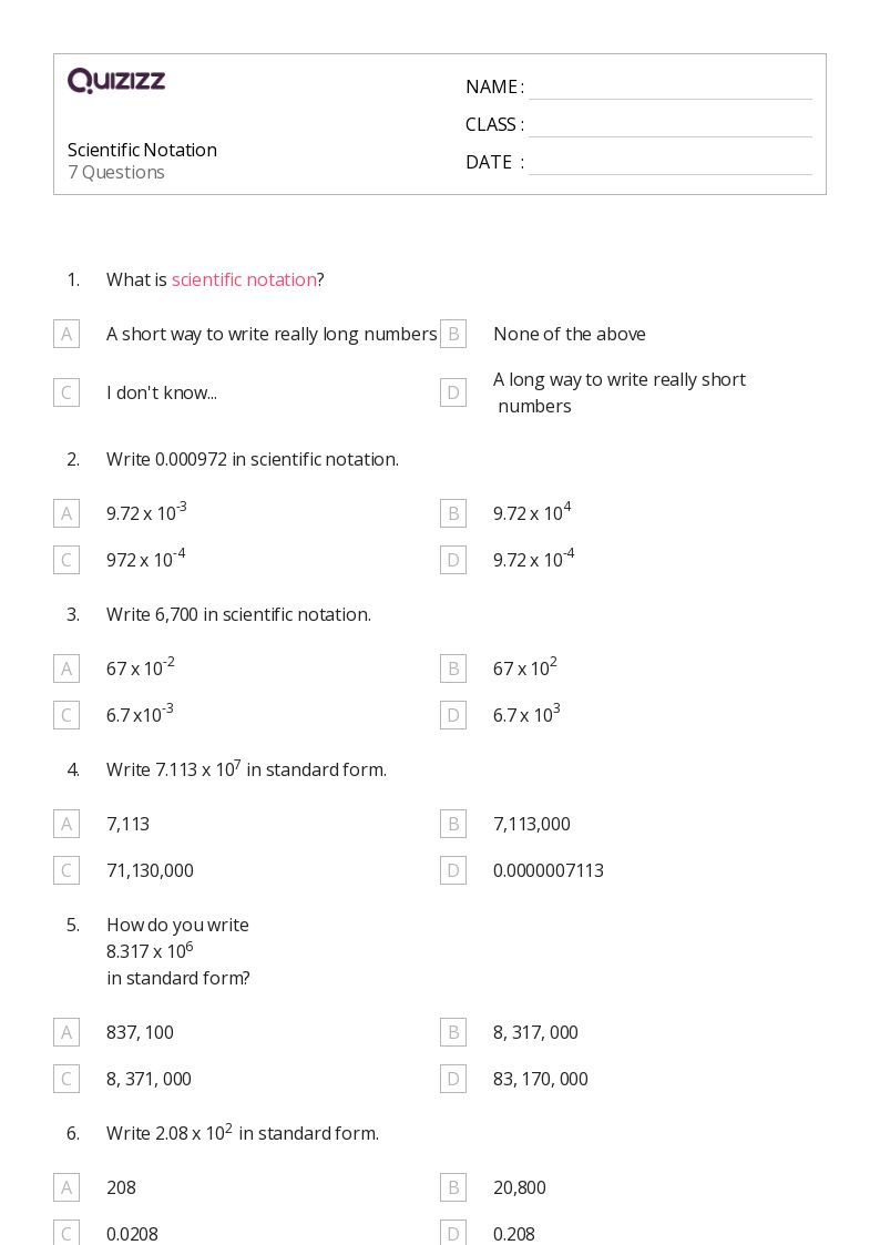 50+ Scientific Notation worksheets for 6th Year on Quizizz Free & Printable