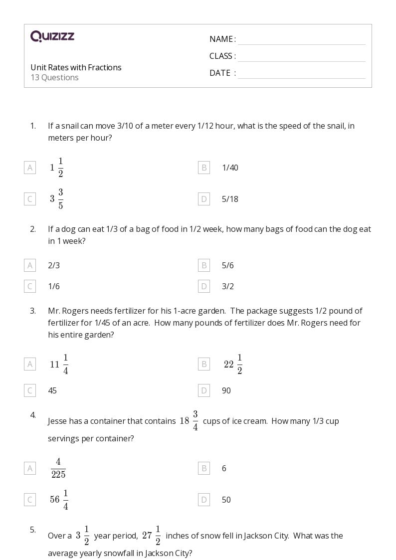 50+ Division with Unit Fractions worksheets for 7th Class on Quizizz
