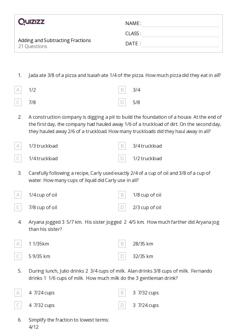 50+ Subtracting Fractions with Like Denominators worksheets for 5th Grade on Quizizz Free