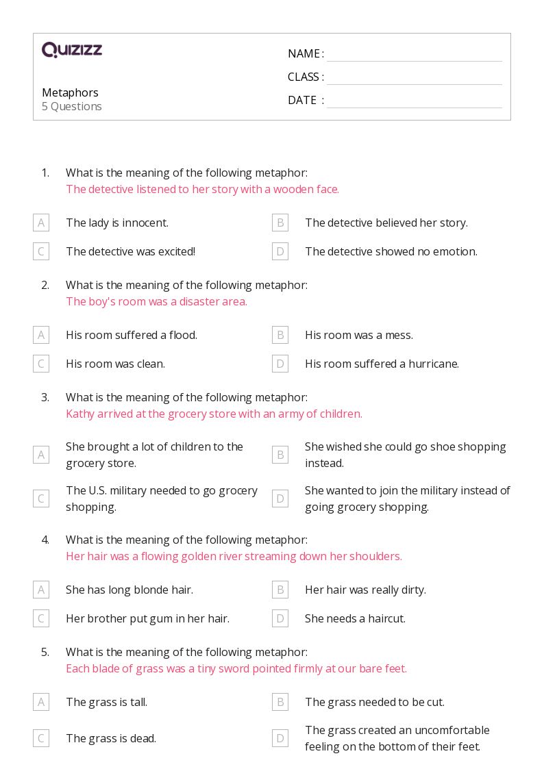 50+ Metaphors worksheets for 2nd Grade on Quizizz Free & Printable