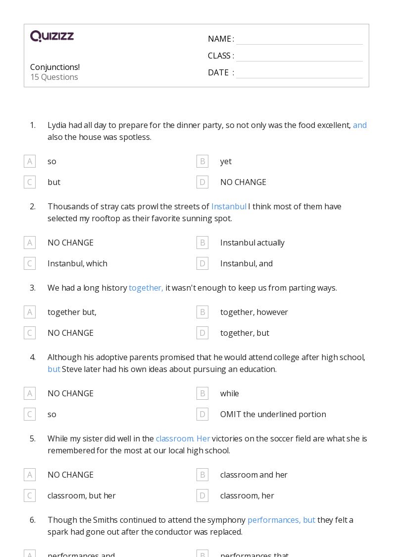 50+ Conjunctions worksheets for 7th Grade on Quizizz Free & Printable