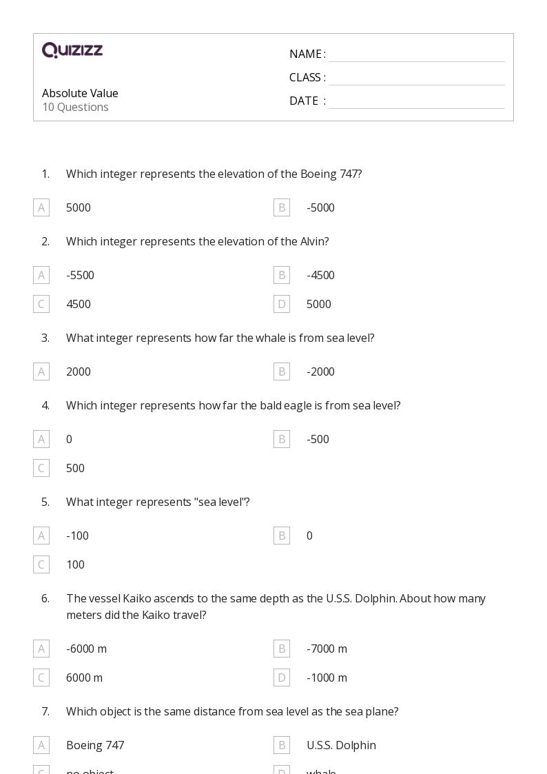 50+ Absolute Value worksheets for 7th Grade on Quizizz Free & Printable