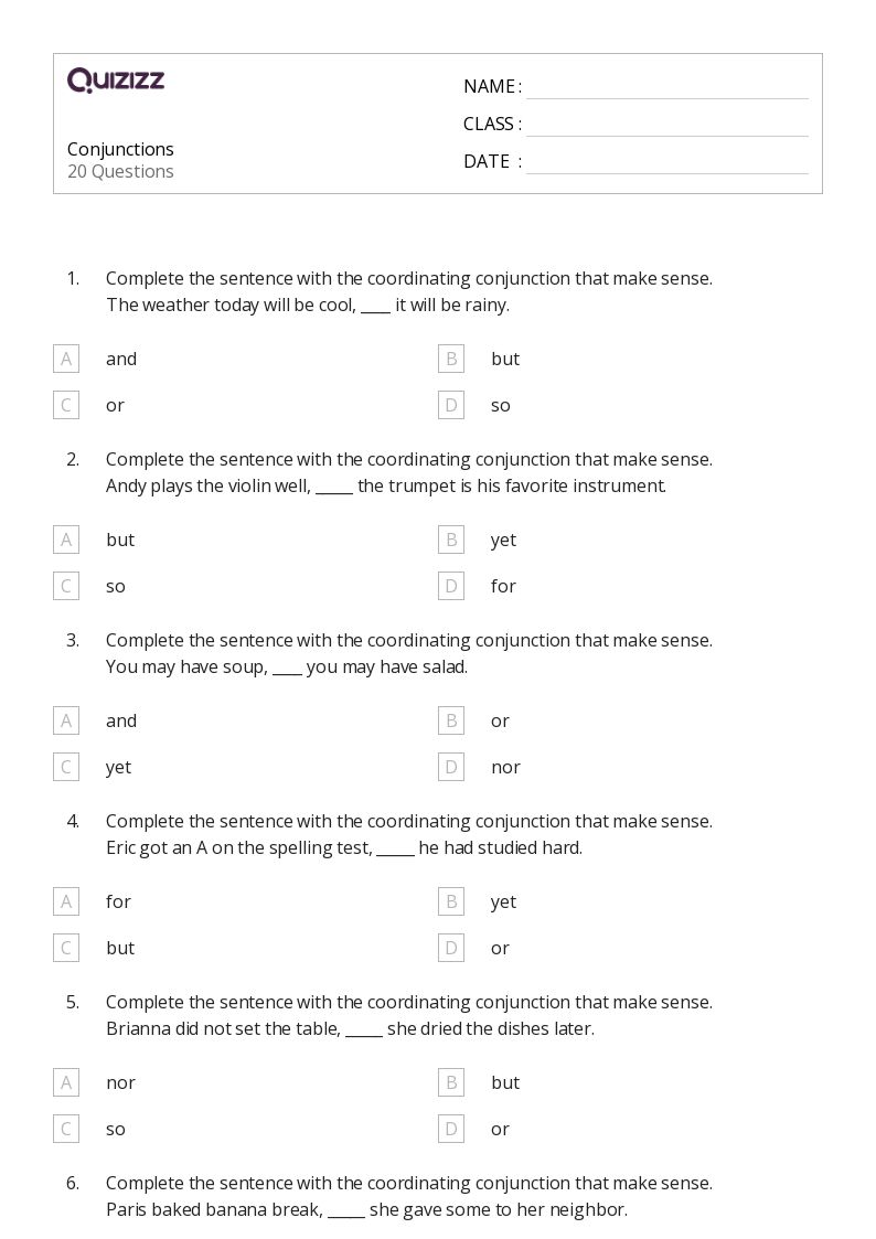 50+ Conjunctions worksheets for 4th Grade on Quizizz Free & Printable