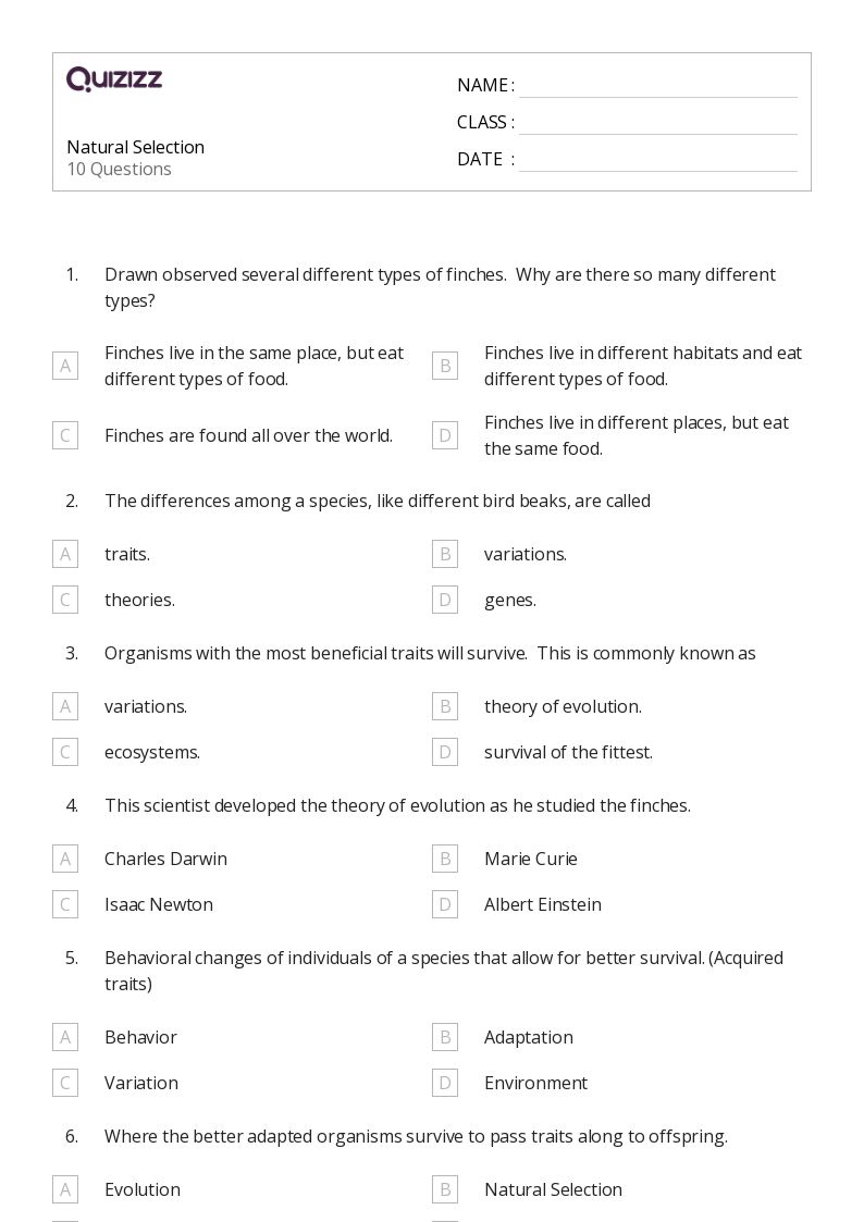 50+ natural selection worksheets on Quizizz Free & Printable
