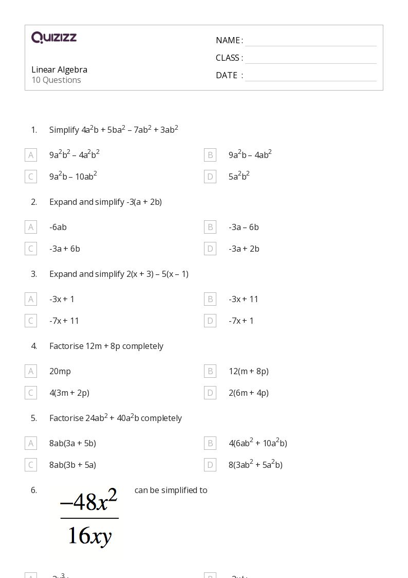 50+ algebra worksheets for 10th Class on Quizizz | Free & Printable