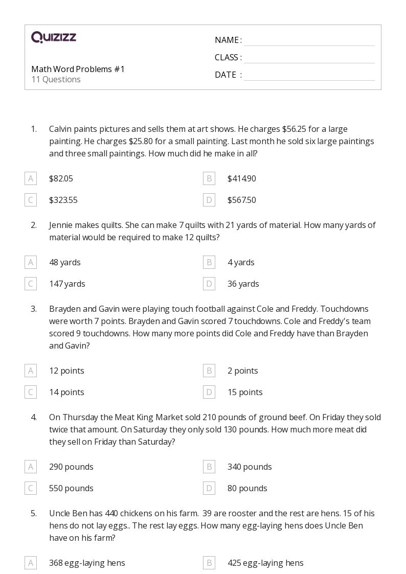 50+ Math Word Problems worksheets for 7th Grade on Quizizz Free & Printable