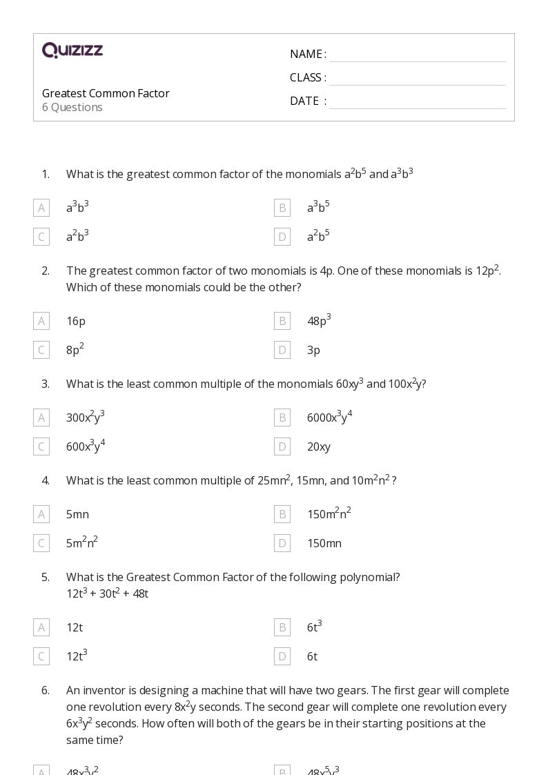50+ Greatest Common Factor worksheets for 8th Class on Quizizz Free & Printable