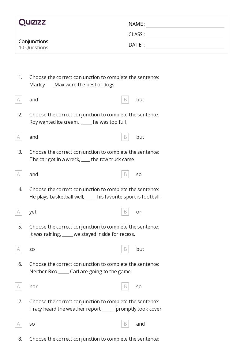 50+ Conjunctions worksheets for 3rd Grade on Quizizz Free & Printable