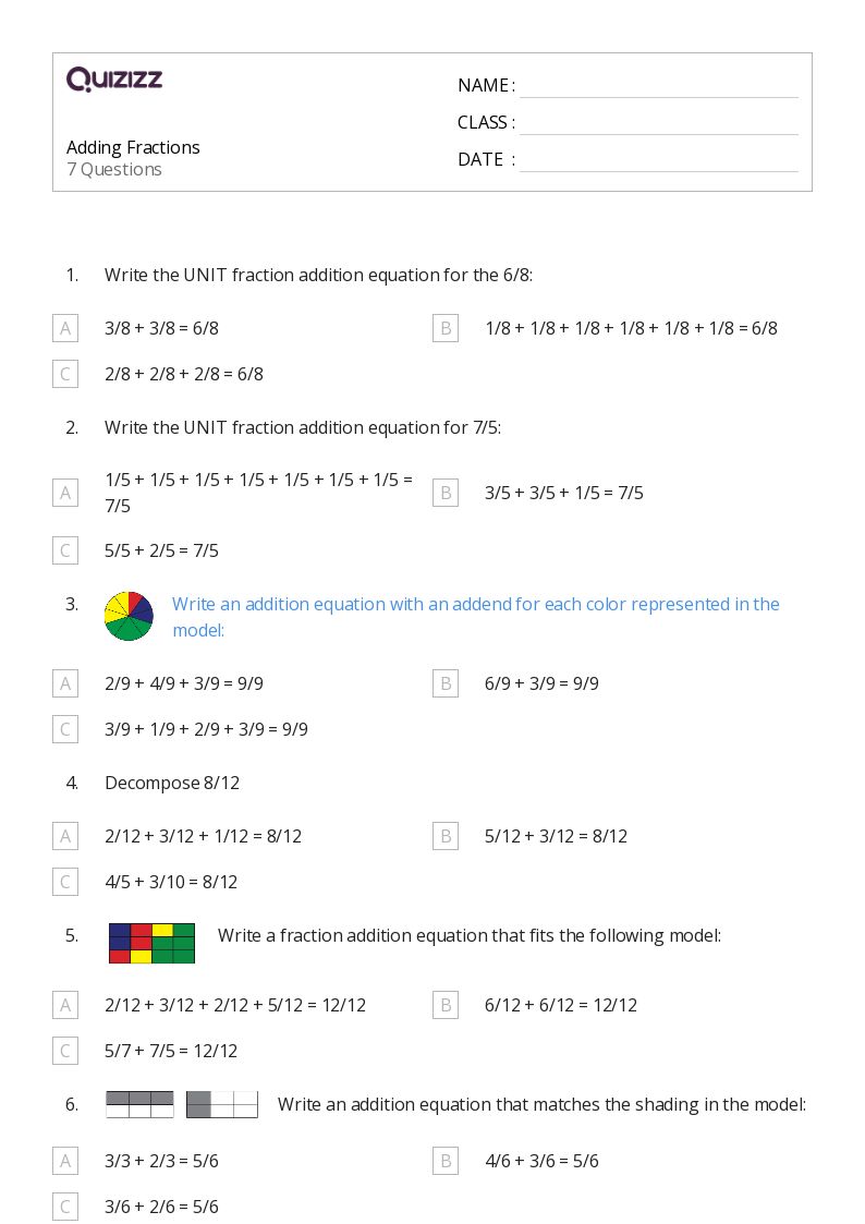 50+ Adding Fractions worksheets for 4th Class on Quizizz Free & Printable