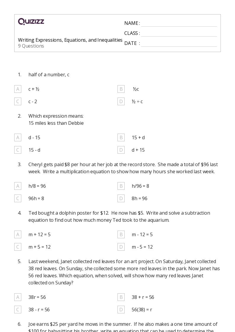 50+ Writing Expressions worksheets for 6th Grade on Quizizz Free & Printable