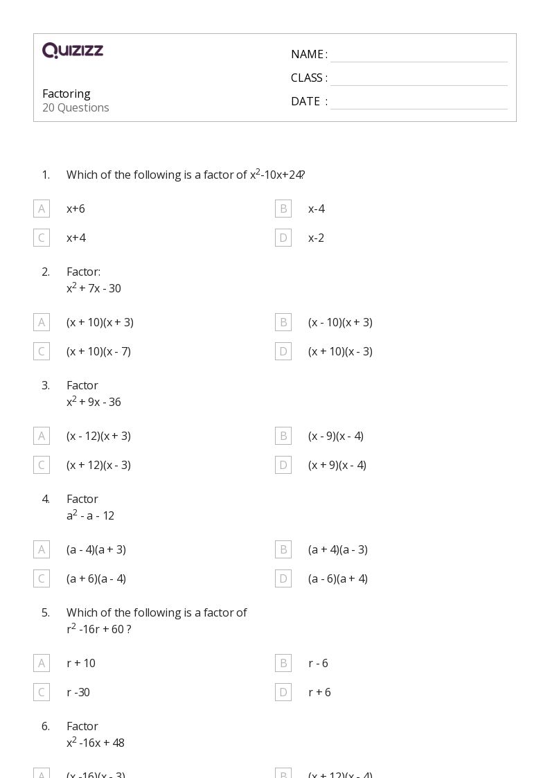 50+ Factoring worksheets for 9th Grade on Quizizz | Free & Printable