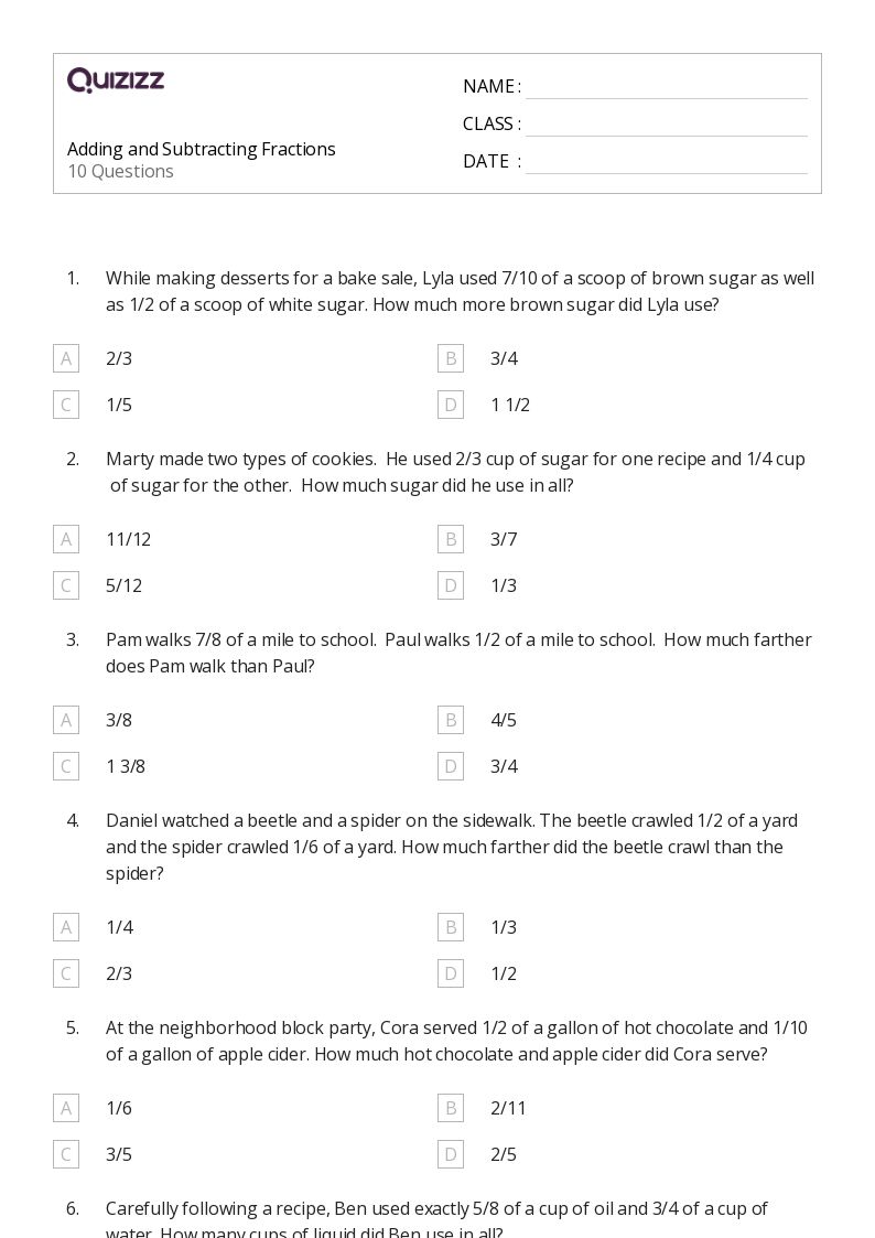 50+ Adding and Subtracting Fractions worksheets for 5th Grade on Quizizz Free & Printable