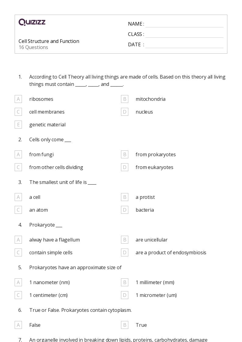 50+ structure of a cell worksheets for 10th Grade on Quizizz Free & Printable