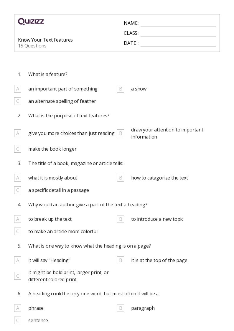50+ Using Text Features worksheets for 1st Grade on Quizizz Free & Printable