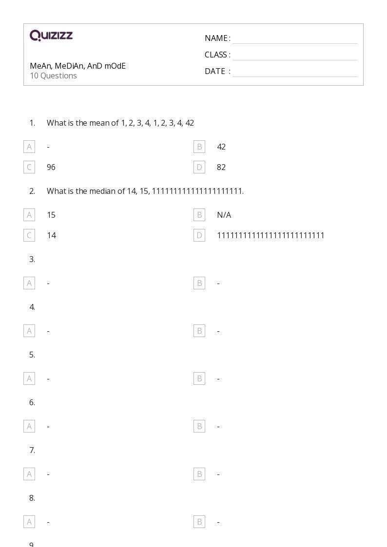 50+ Mean, Median, and Mode worksheets on Quizizz Free & Printable