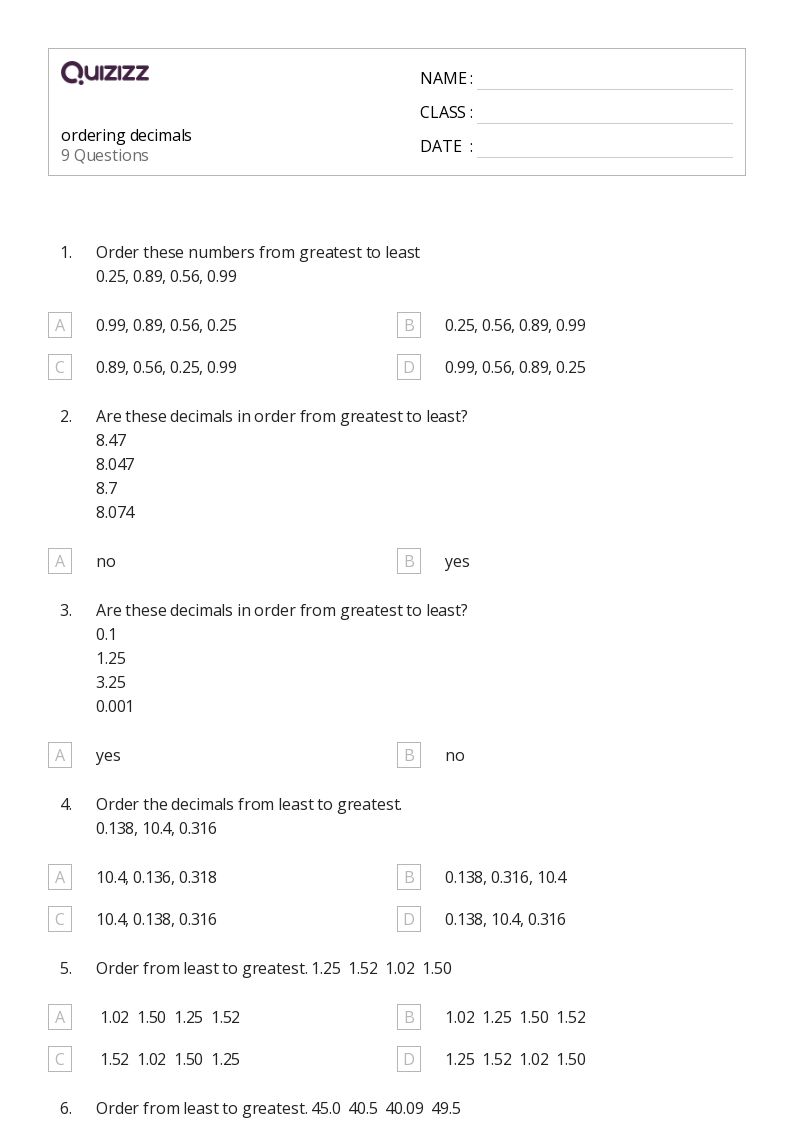 50+ Ordering Decimals worksheets for 5th Grade on Quizizz Free