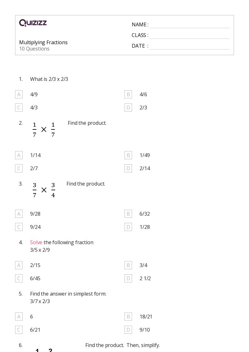 50+ Multiplying Fractions worksheets for Kindergarten on Quizizz | Free