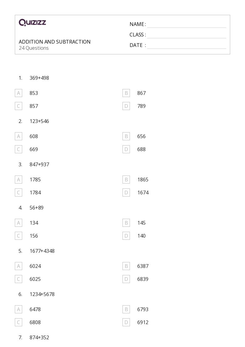 Printable Mixed Addition and Subtraction Worksheets for Year 3 Quizizz
