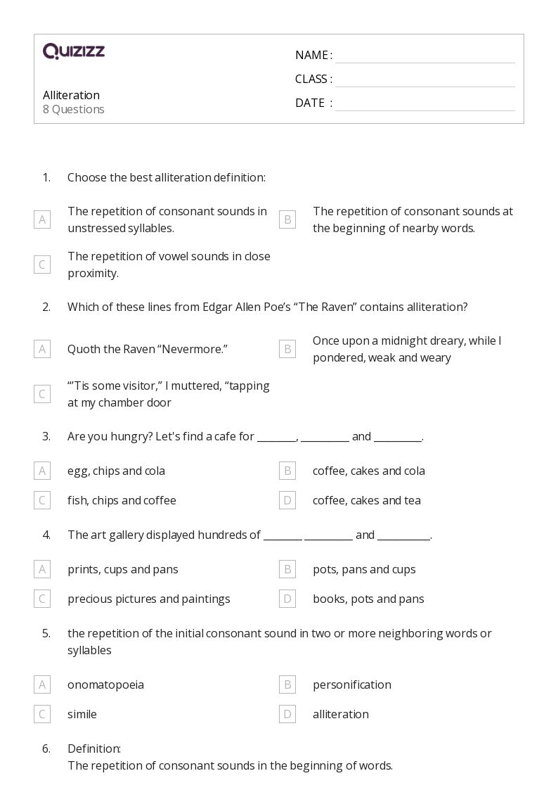 50+ Alliteration worksheets for 3rd Class on Quizizz Free & Printable