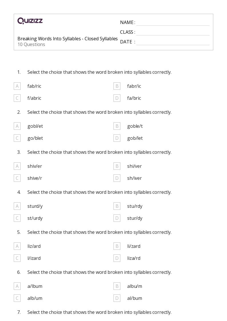 50+ Multiple Syllable Words worksheets for 6th Grade on Quizizz | Free