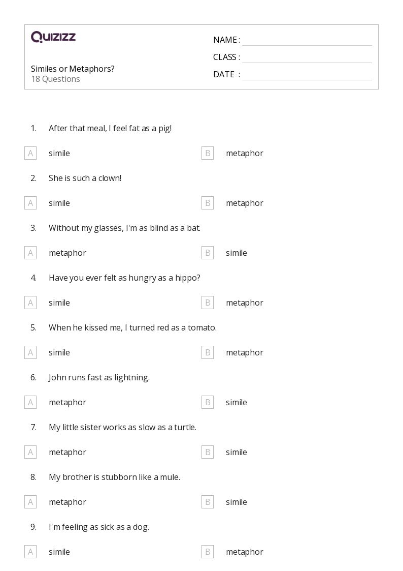 50+ Similes worksheets for 4th Class on Quizizz Free & Printable