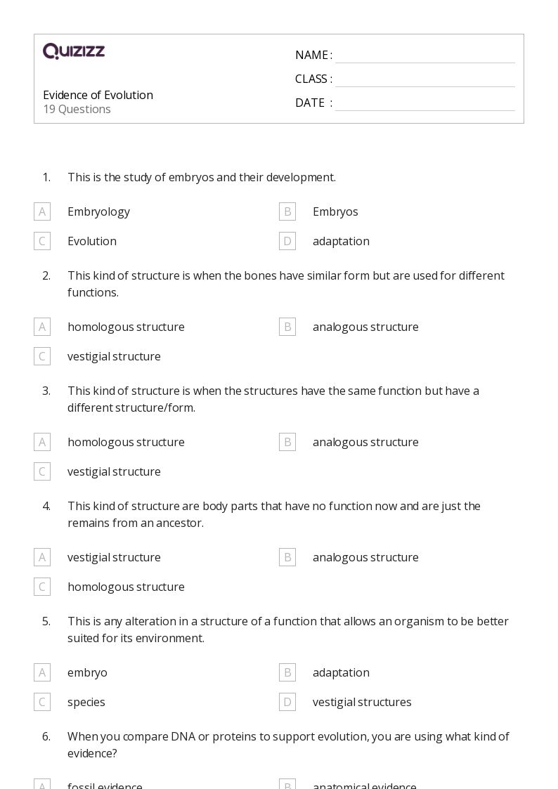 50+ evolution and the tree of life worksheets for 10th Class on Quizizz Free & Printable