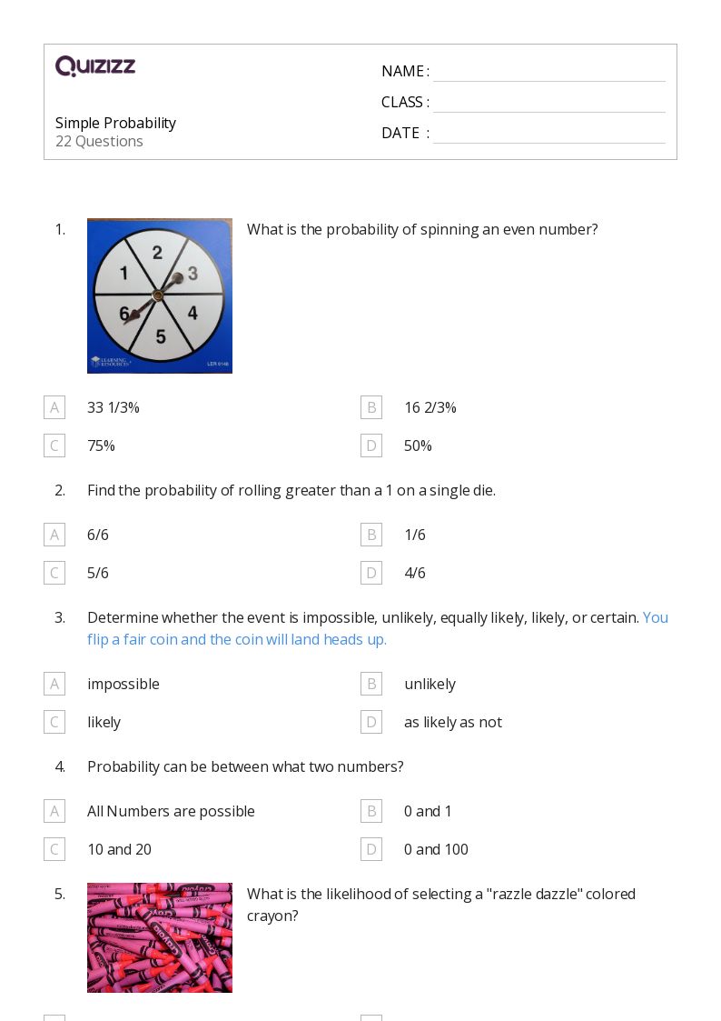 50+ Probability worksheets for 7th Grade on Quizizz | Free & Printable