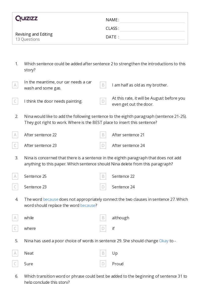 50+ Editing worksheets for 7th Class on Quizizz Free & Printable