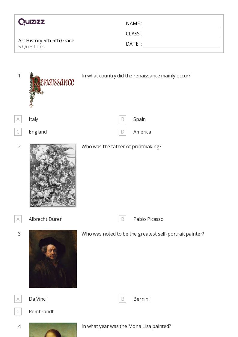50+ Art History worksheets for 5th Class on Quizizz Free & Printable