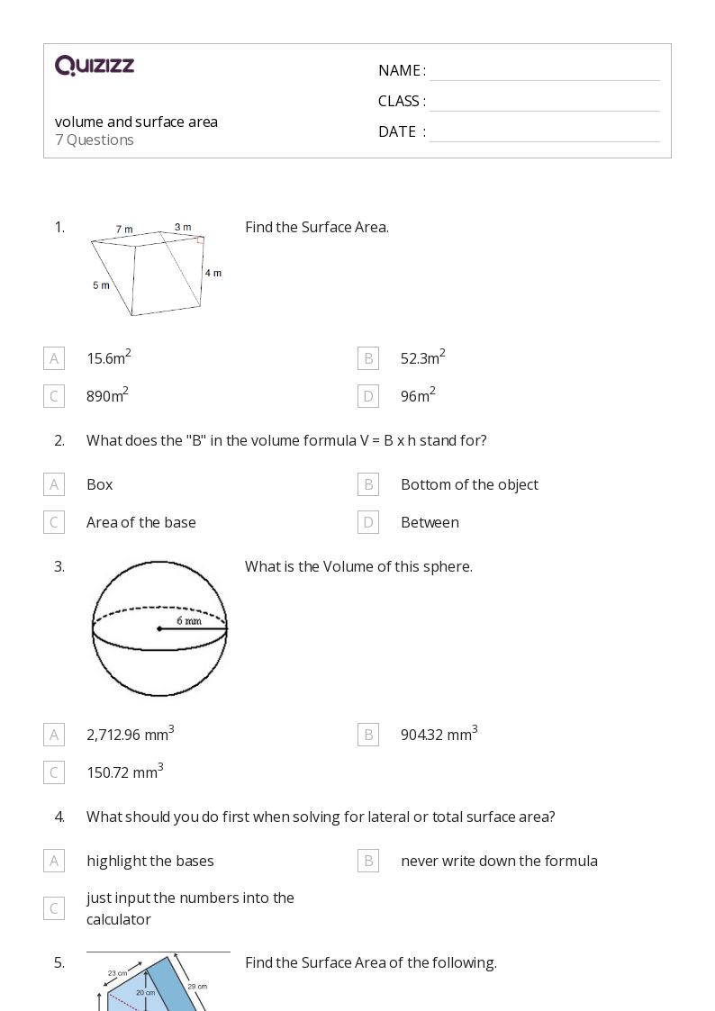 Printable volume and surface area Worksheets | Quizizz
