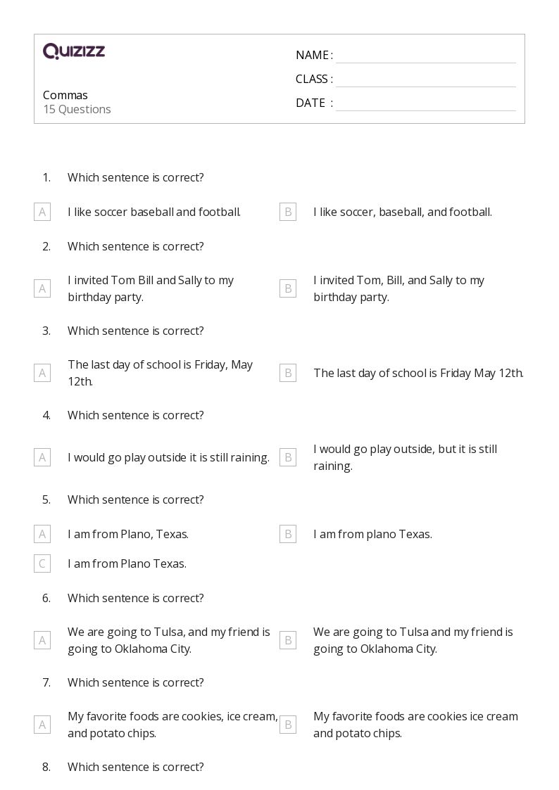 50+ Commas worksheets for 2nd Class on Quizizz Free & Printable
