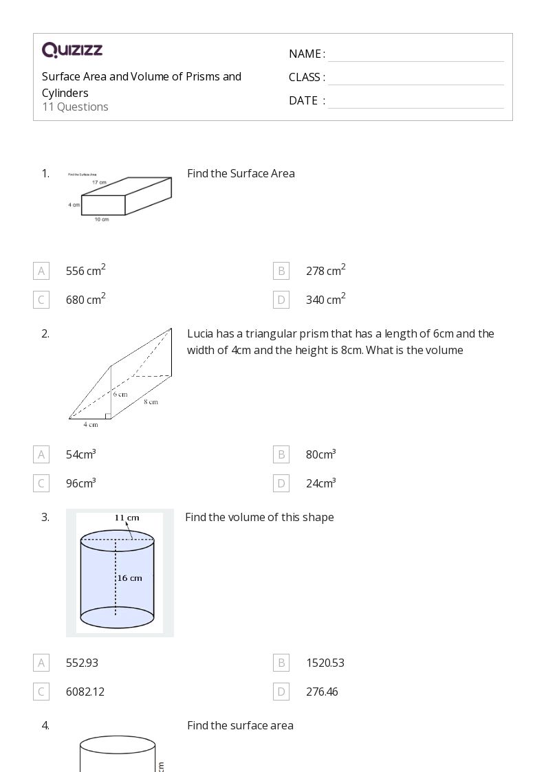 50+ volume and surface area of prisms worksheets for 9th Grade on