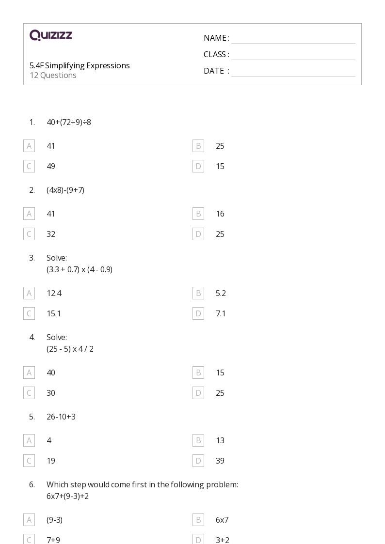 50+ Expressions worksheets for 5th Class on Quizizz Free & Printable