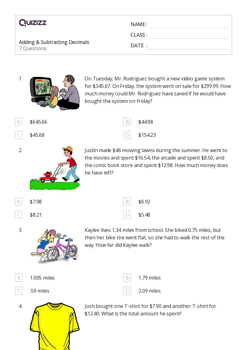 50+ Subtracting Decimals worksheets for 7th Grade on Quizizz Free & Printable