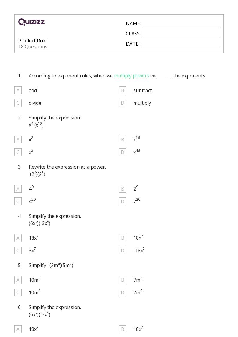 50+ product rule worksheets for 12th Class on Quizizz | Free & Printable