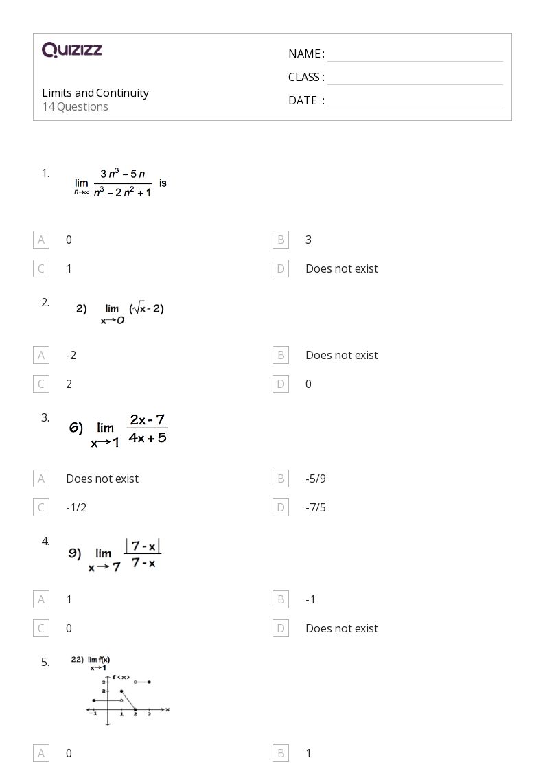 50+ limits and continuity worksheets for 11th Grade on Quizizz Free