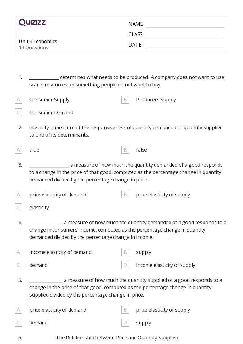 50+ demand and price elasticity worksheets for 9th Grade on Quizizz Free & Printable