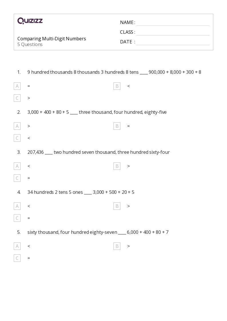 50+ Comparing ThreeDigit Numbers worksheets for 4th Grade on Quizizz Free & Printable
