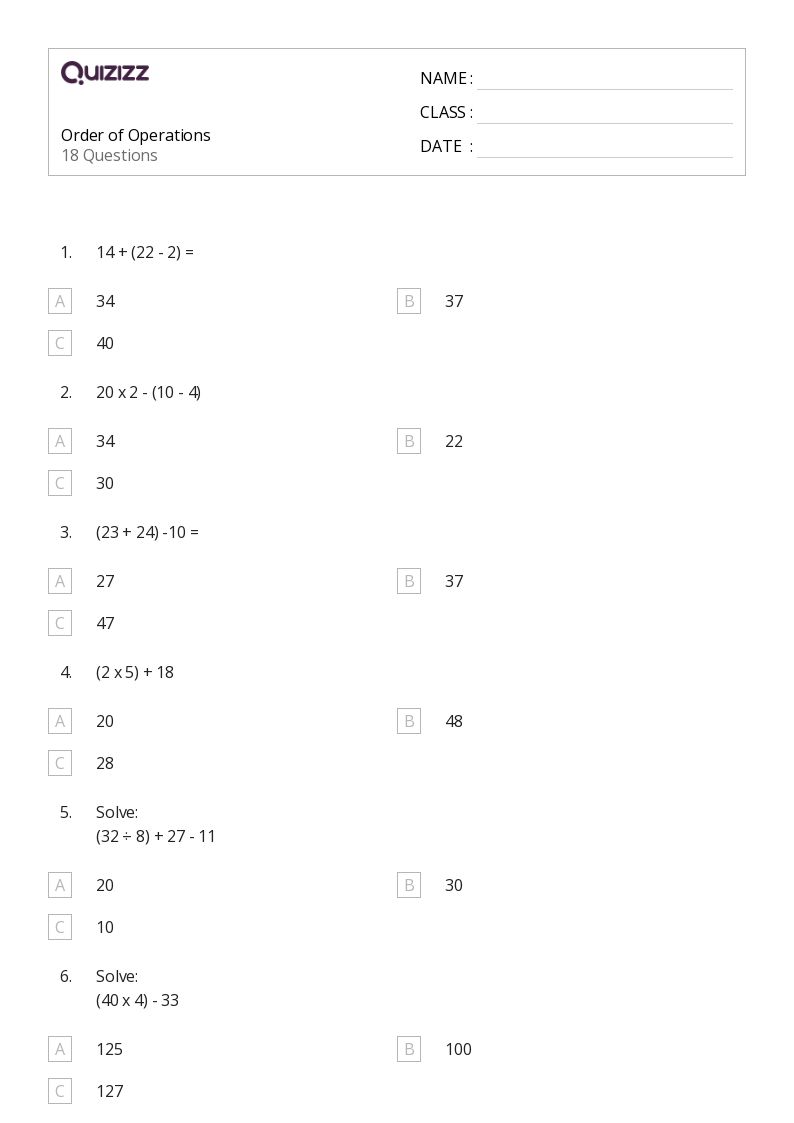 50+ Order of Operations worksheets for 8th Grade on Quizizz Free & Printable