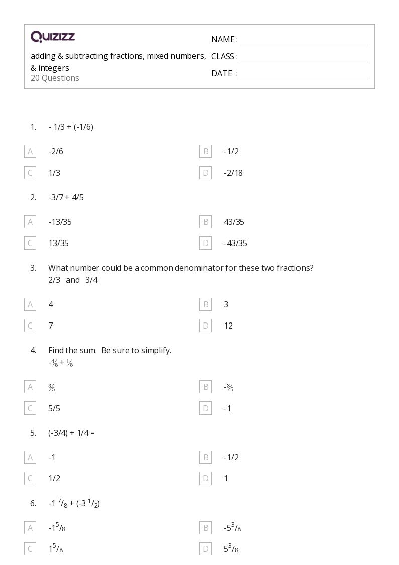 50+ Subtracting Fractions worksheets for 7th Class on Quizizz Free & Printable