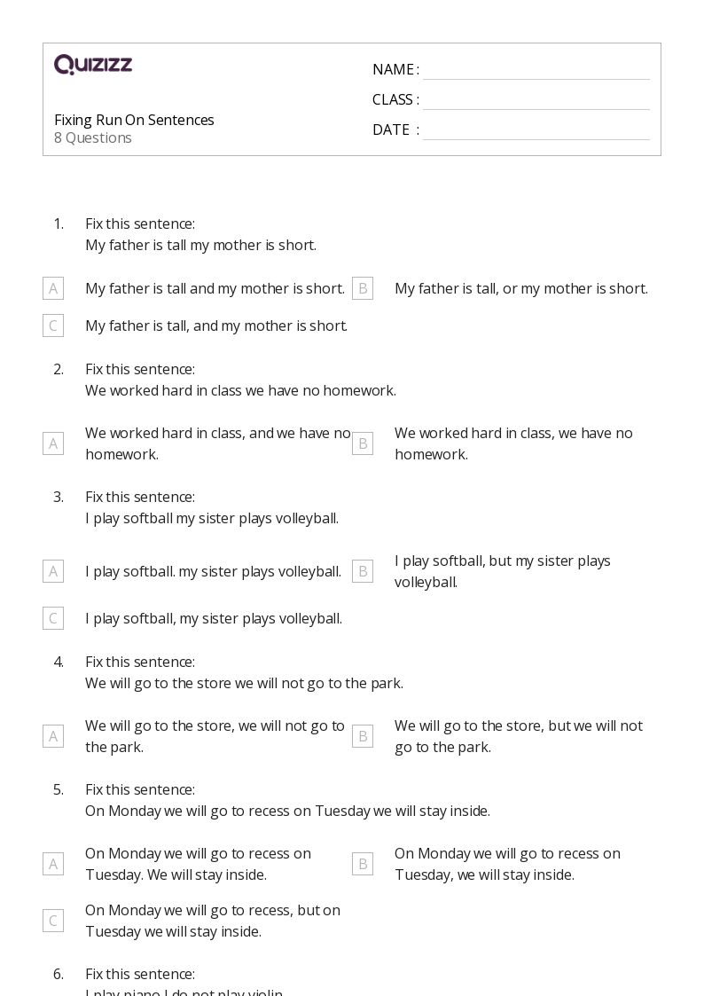 50+ Run On Sentences worksheets for 3rd Grade on Quizizz Free & Printable